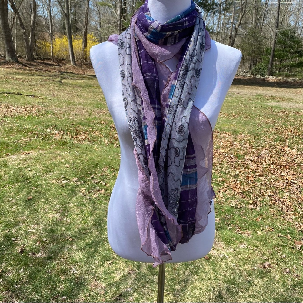 ELEGANT ESSENCE SCARF NEW PURPLE SHEER MULTI COLOR PLAID FLORAL BLING LONG